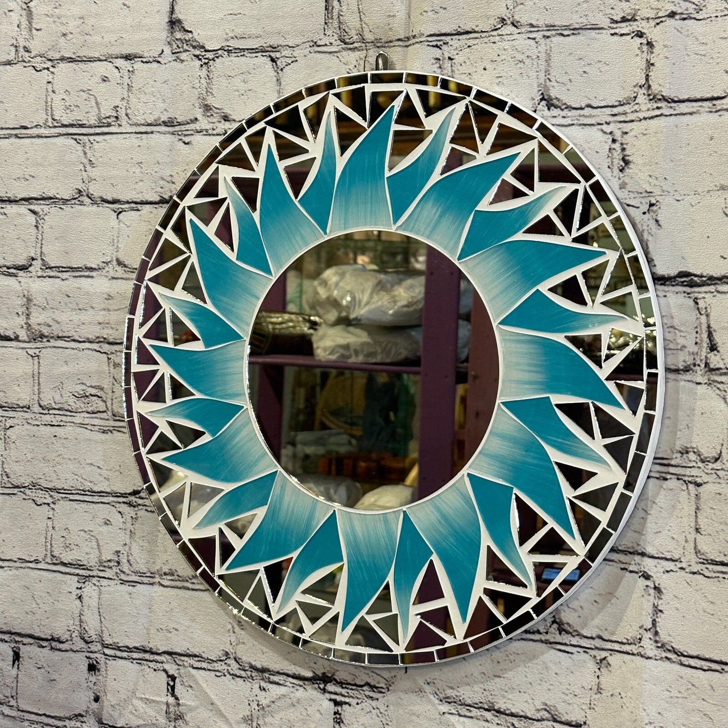Turquoise Blue Flame Sun Mosaic Tile Wall Mirror 40cm x 40cm 16 Inches Handmade