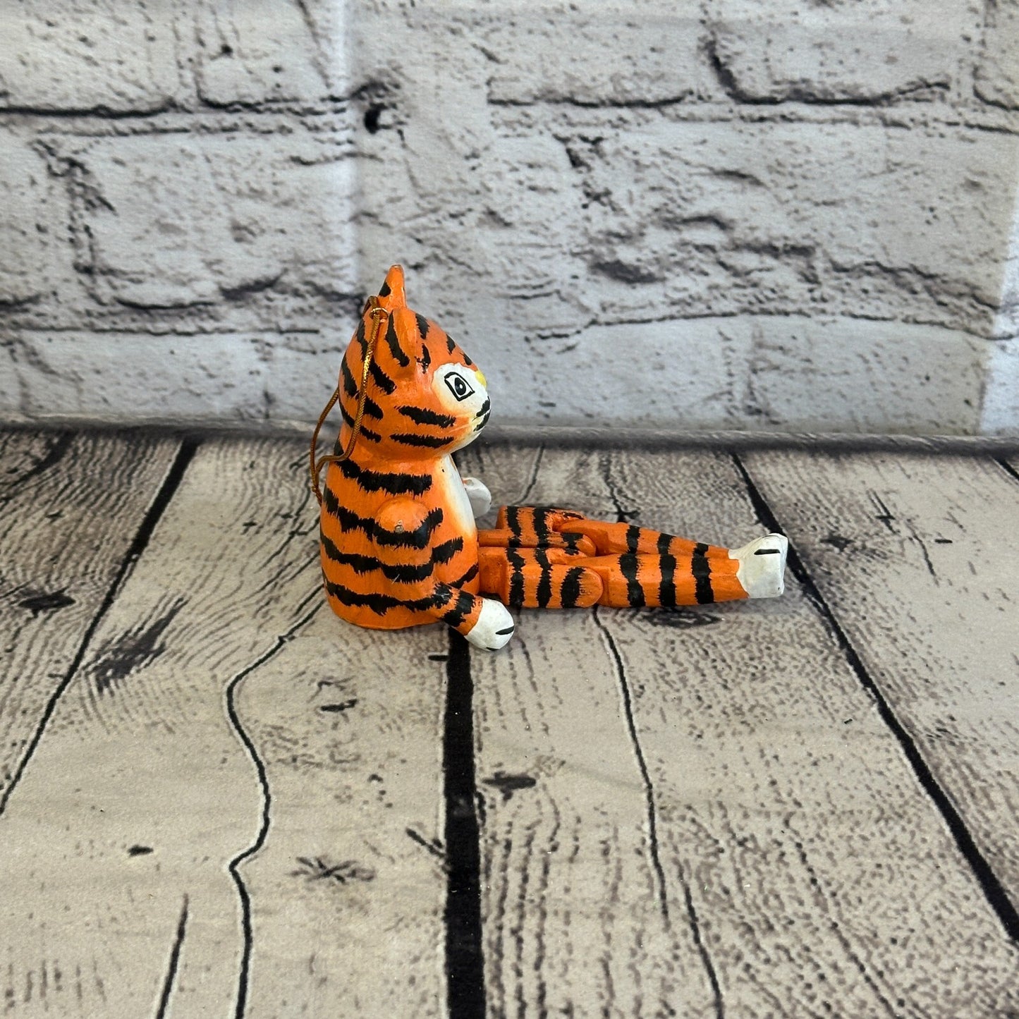 10cm Orange Tiger Sitting Animal, Wooden Shelf Ornament Handmade and Fairtrade