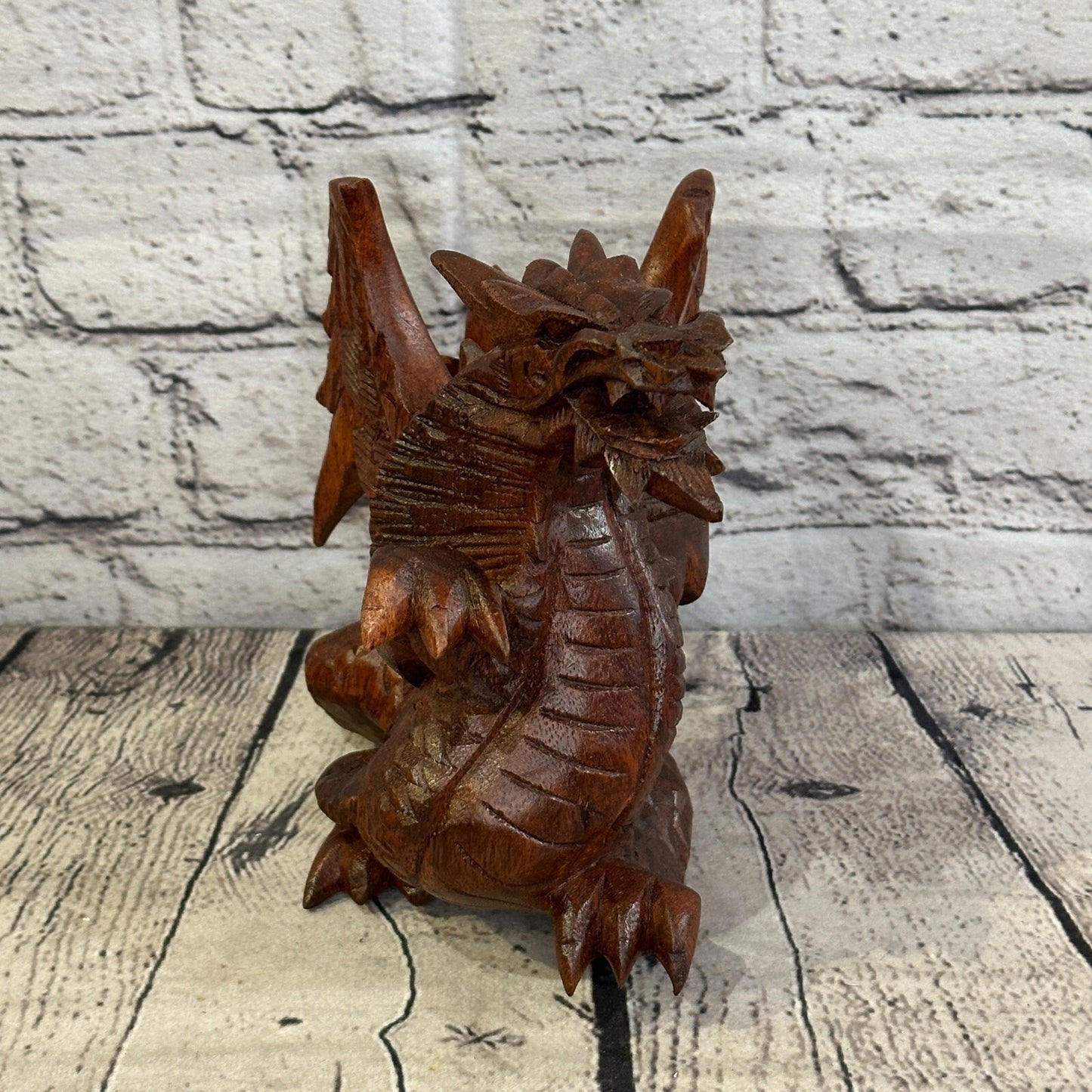15cm x 15cm Dark Wooden Standing Dragon Carving Hand Carved Wing Back Dragon