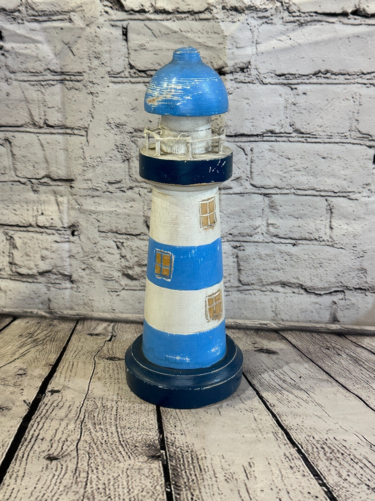 30cm Blue White Wooden Lighthouse Ornament Nautical Coastal Sculpture Statue
