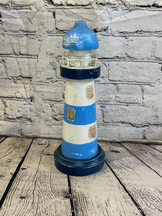 30cm Blue White Wooden Lighthouse Ornament Nautical Coastal Sculpture Statue