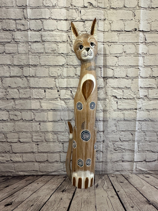 80cm Light Brown Flower Wooden Shabby Cat Statue Ornament Fair Trade Handcarved