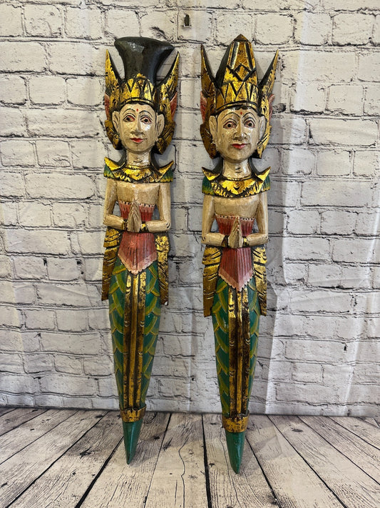 Plain Antique Colour Sita Dewi Bali Rice Goddess Wings Mermaid Wood 80cm Pair