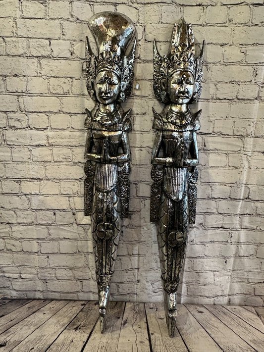 Silver Antique Colour Sita Dewi Bali Rice Goddess Wings Mermaid Wood 100cm Pair