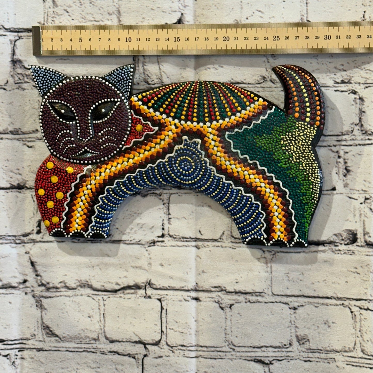 30cm Purple Cat Carved Wooden Dot Painted Ethnic Tribal Tiki Wall Art Handmade