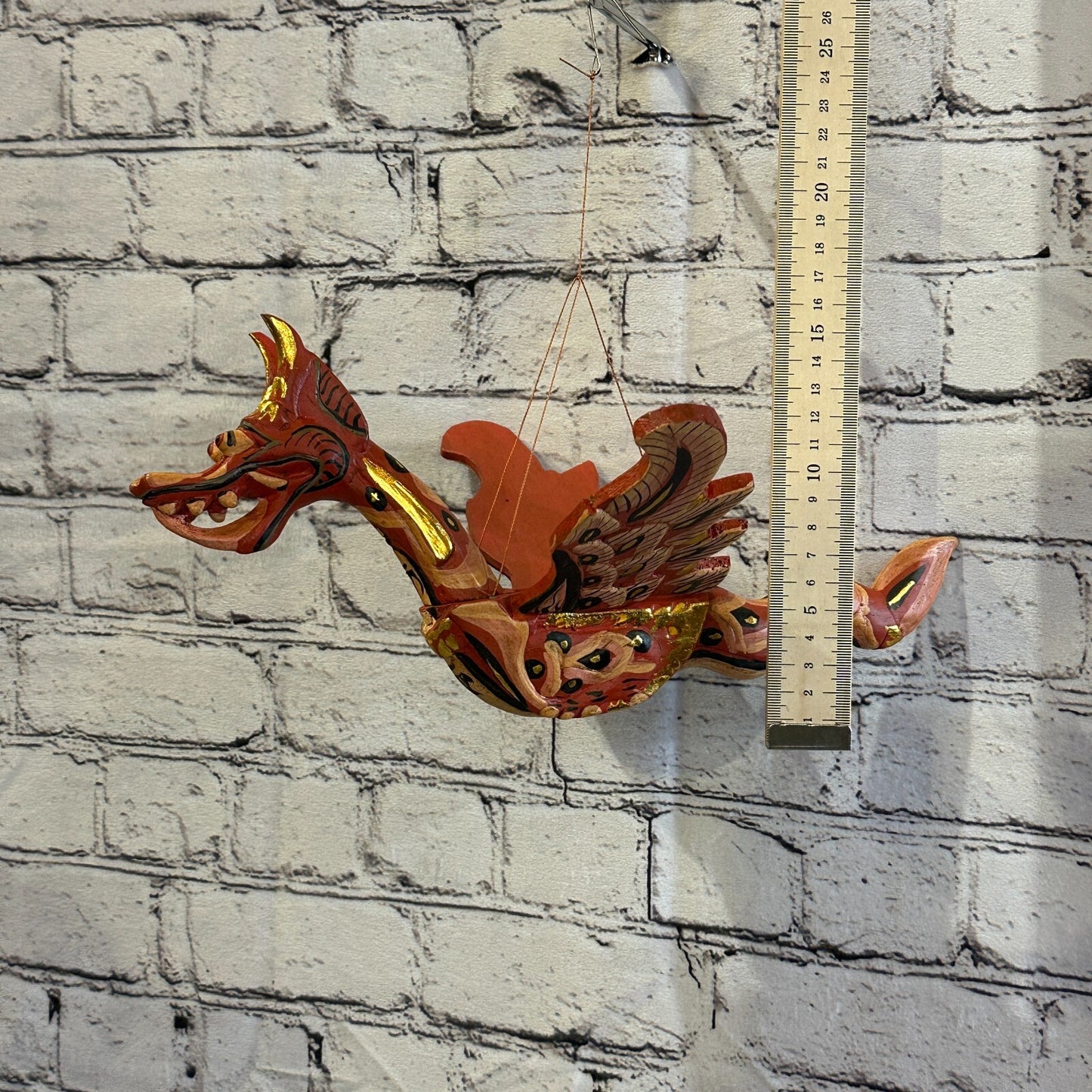 Medium Red Dragon Folk Art Wood Flying Winged Mobile Spirit Chaser Guardian