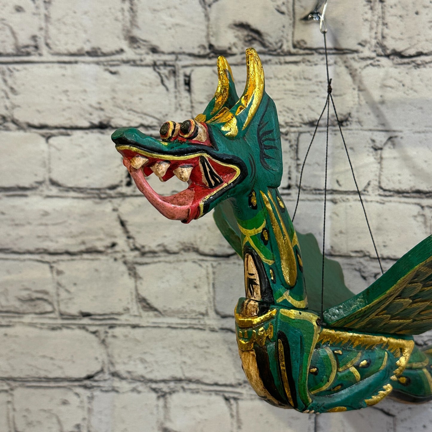 Large Green Dragon Folk Art Wood Flying Winged Mobile Spirit Chaser Guardian