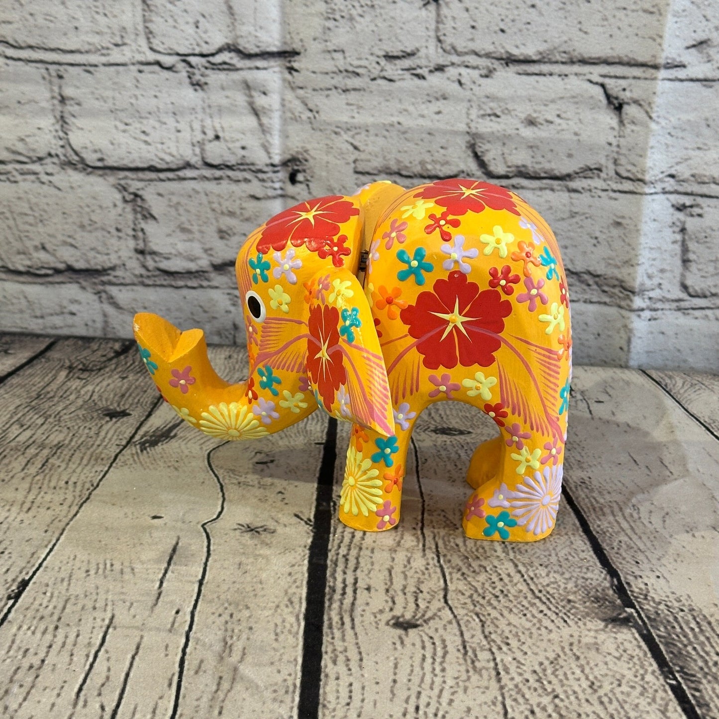 Orange Wooden Elephant With Flower Pattern 15cm x 18cm Handmade and Fairtrade