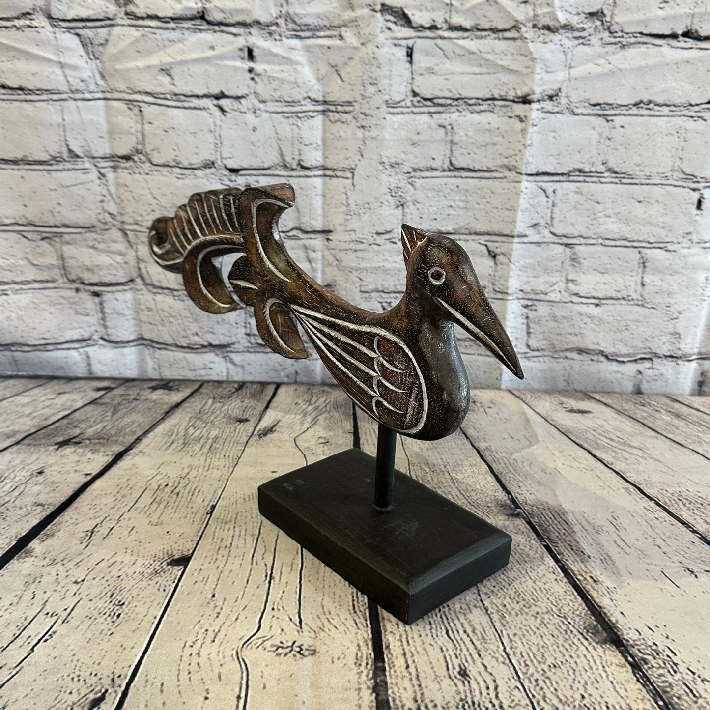 45cm x 25cm Wooden Tribal Primitive Black Phoenix Bird Stand Sculpture Statue