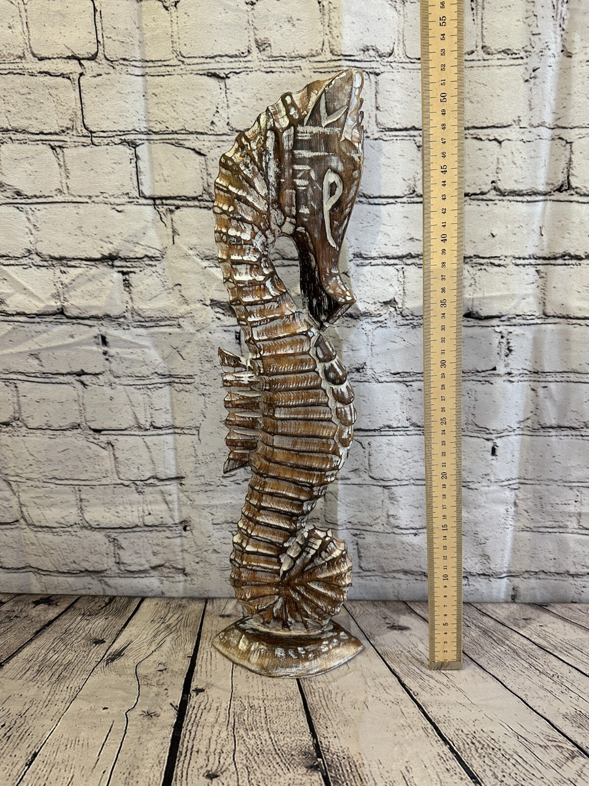 50cm Brown Plain Wooden Shabby Seahorse Statue Ornament Fair Trade Handcarved