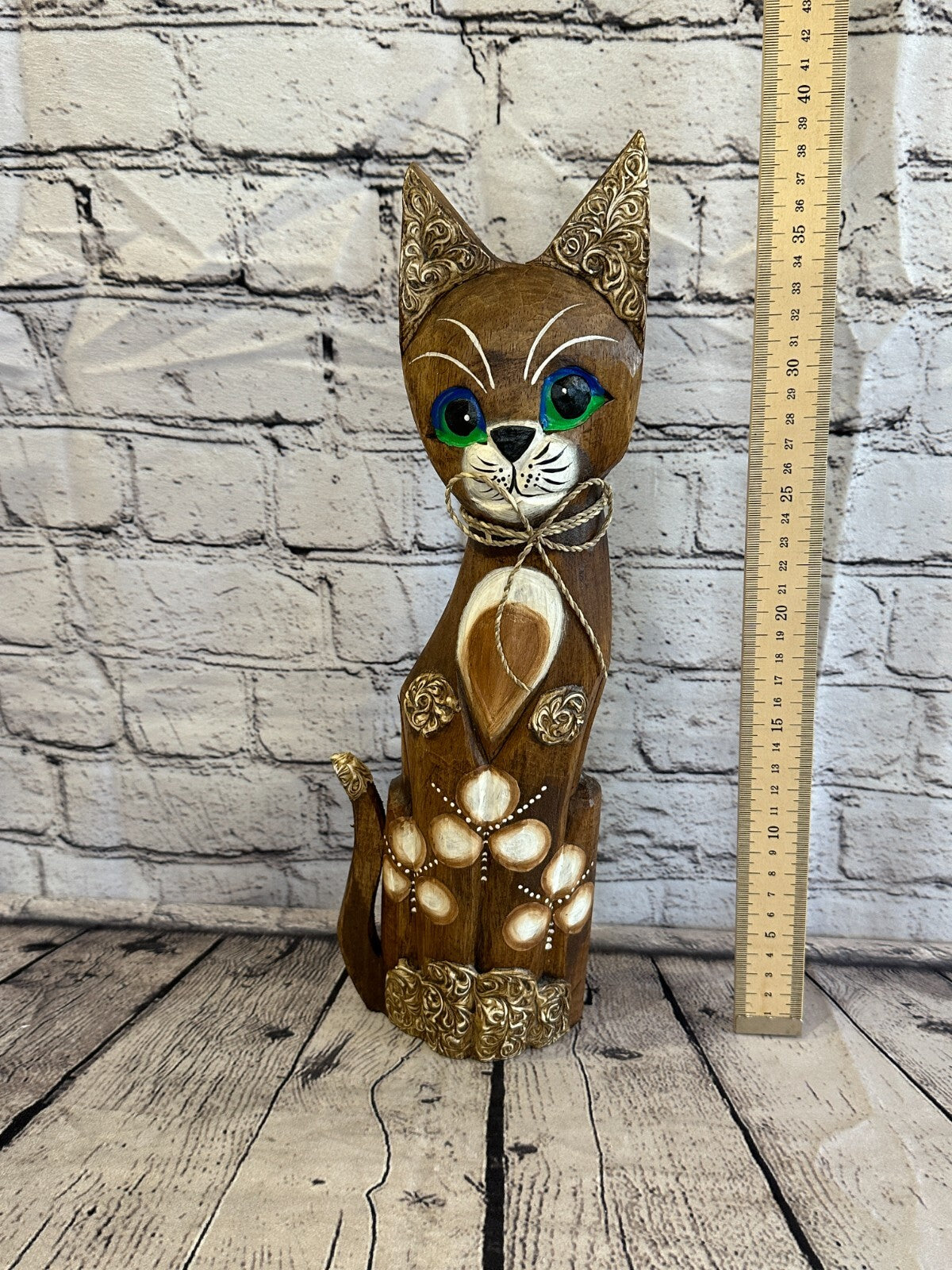 40cm Brown Swirl Flower Wooden Shabby Cat Statue Ornament Fair Trade Handcarved