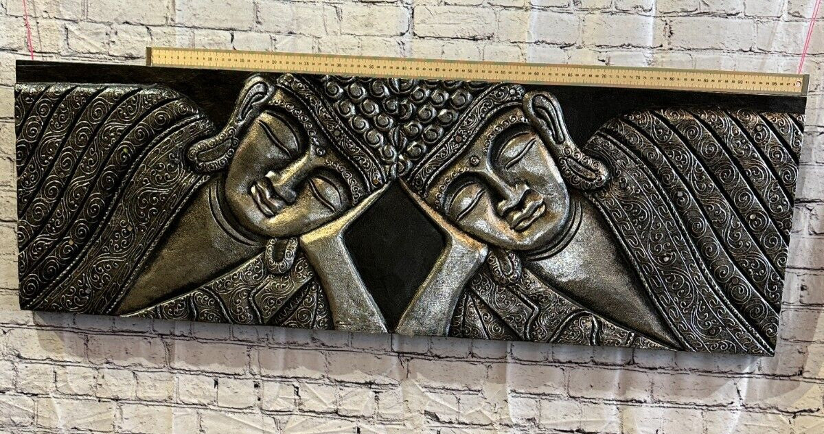 110cm x 40cm Buddha 2 Faces Silver Wooden Wood Panel Wall Art Plaque Handcarved