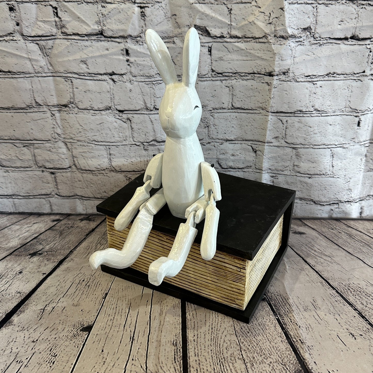 20cm White Rabbit Sitting Animal, Wooden Shelf Ornament Handmade & Fairtrade