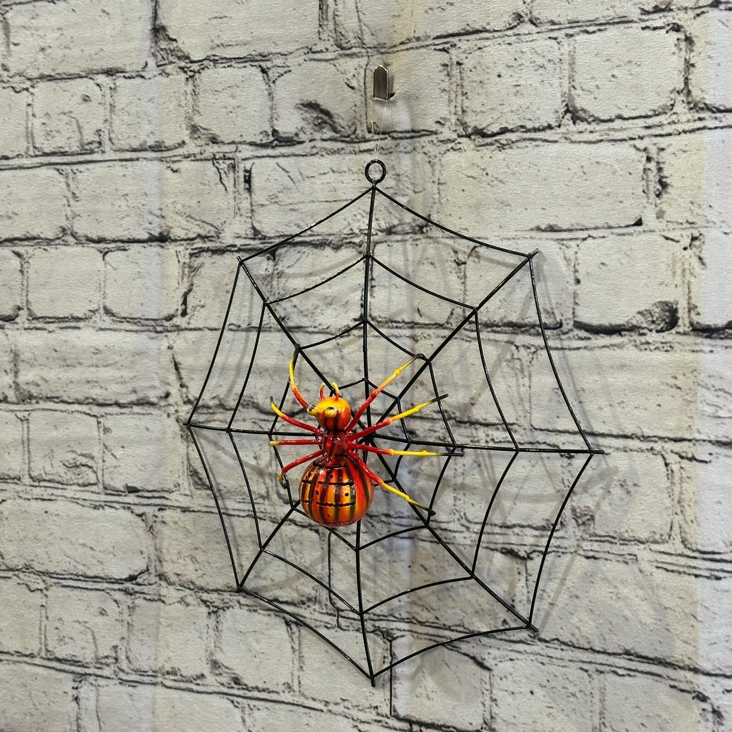 30cm x 30cm Orange Spider On Web Bug Metal Tin Wall Hanging Ornament Statue