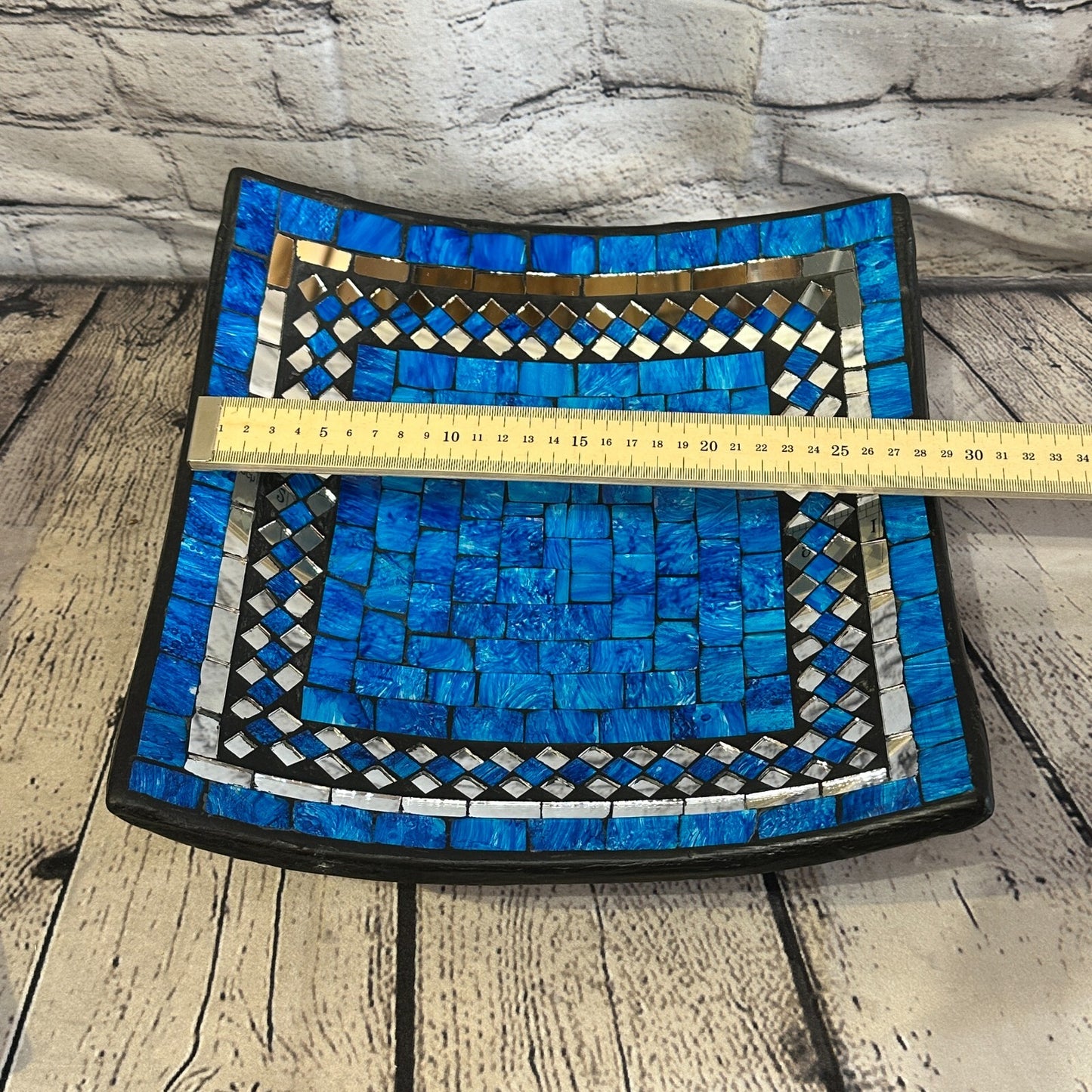 30cm Blue Square Mosaic Handmade Ceramic Glass Tile Bowl Fruit