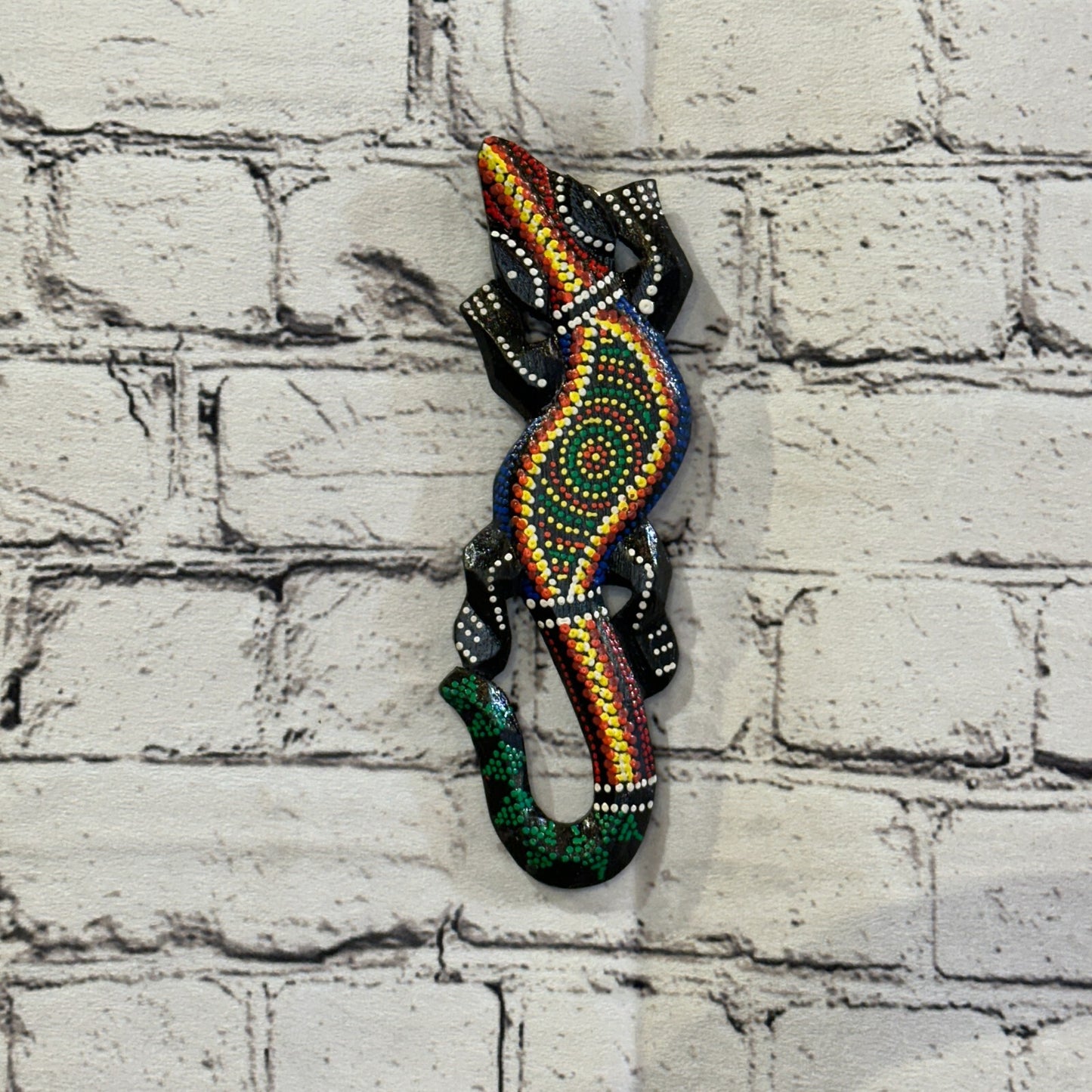 20cm Gecko Carved Wooden Dot Painted Ethnic Tribal Tiki Wall Handmade No 3