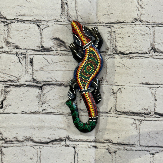 20cm Gecko Carved Wooden Dot Painted Ethnic Tribal Tiki Wall Handmade No 3