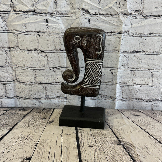 30cm x 14cm Wooden Tribal Primitive Black Elephant Head Stand Sculpture Statue