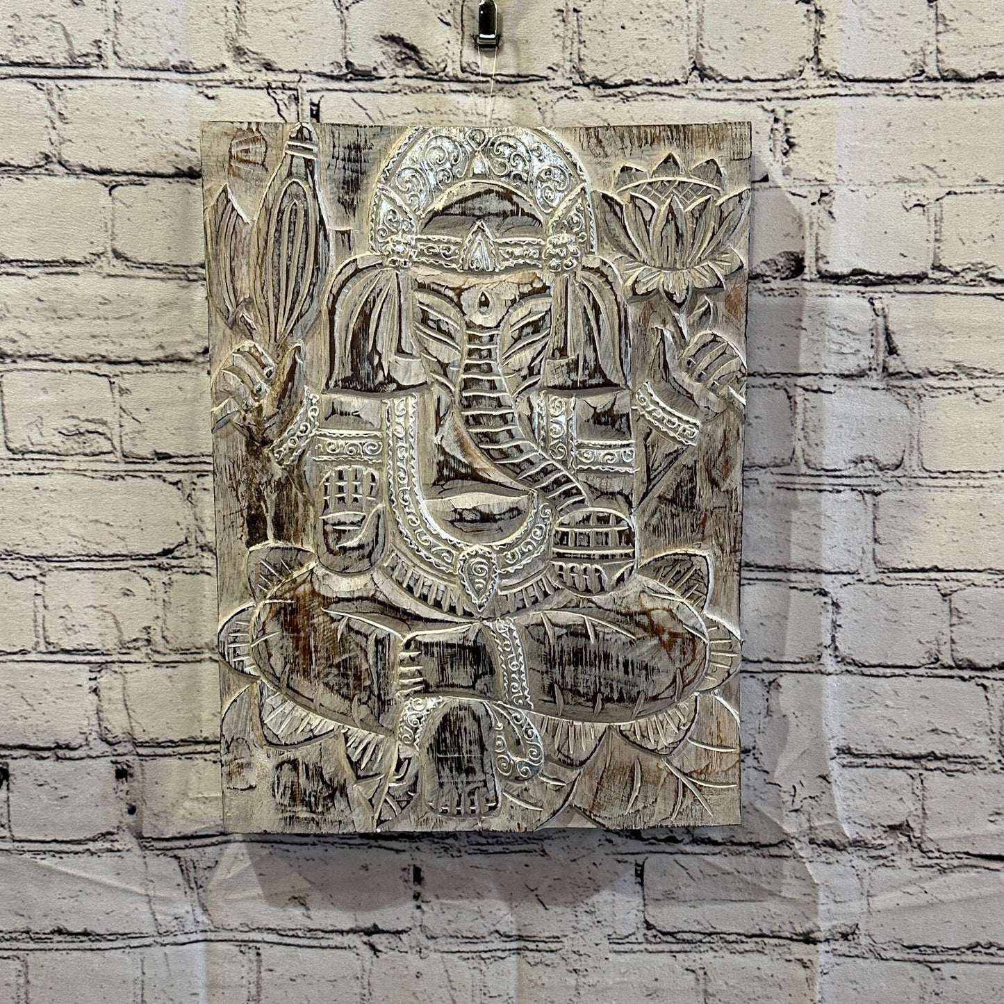 Wooden Wood Panel 40cm Brown White Ganesh Lotus Wall Art Plaque Handcarved