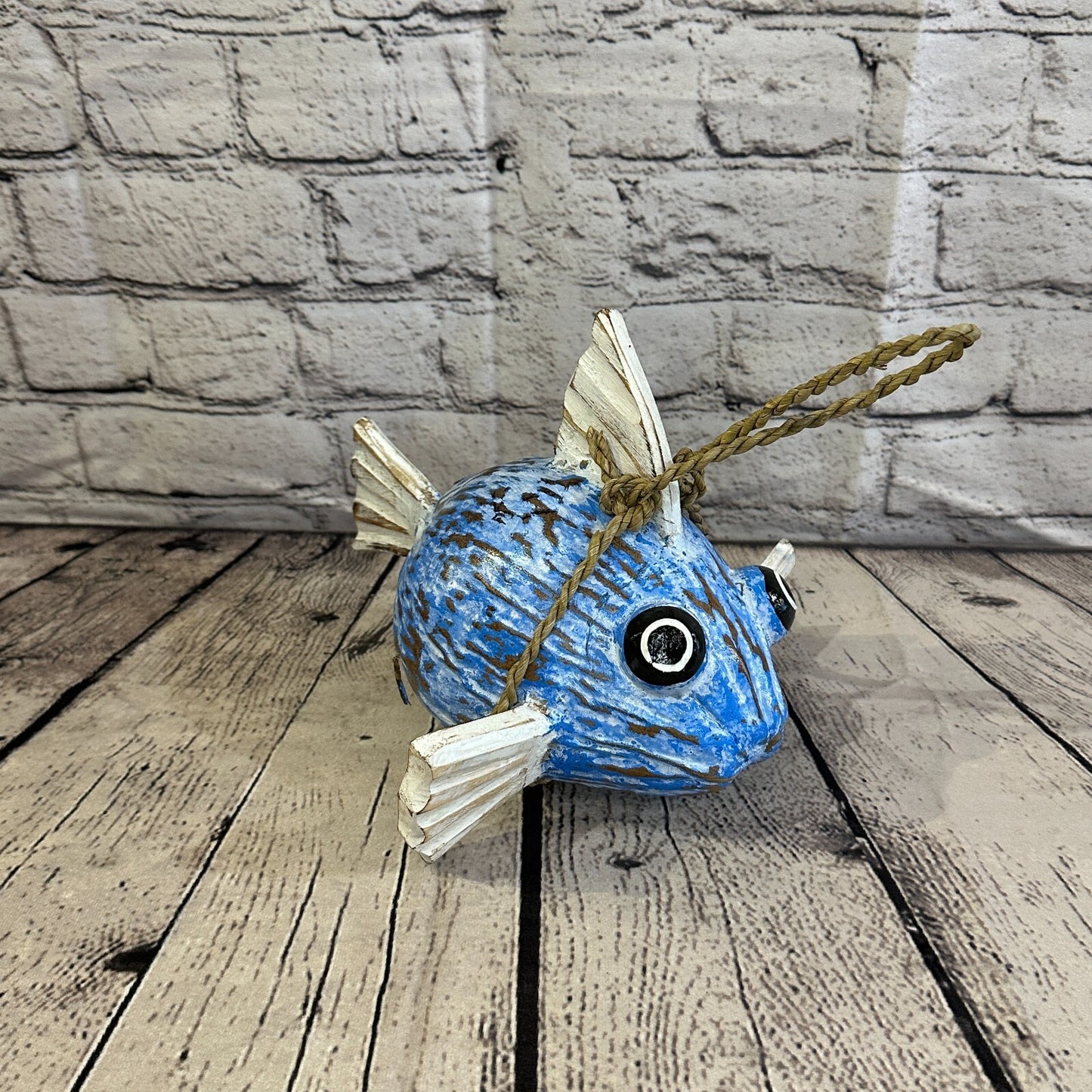 White Blue Folk Art Hand Painted Puffer Fish Coconut Shell Ornaments Hanging