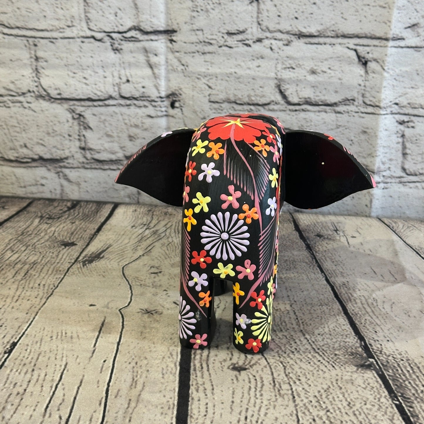 Black Wooden Elephant With Flower Pattern 15cm x 18cm Handmade and Fairtrade
