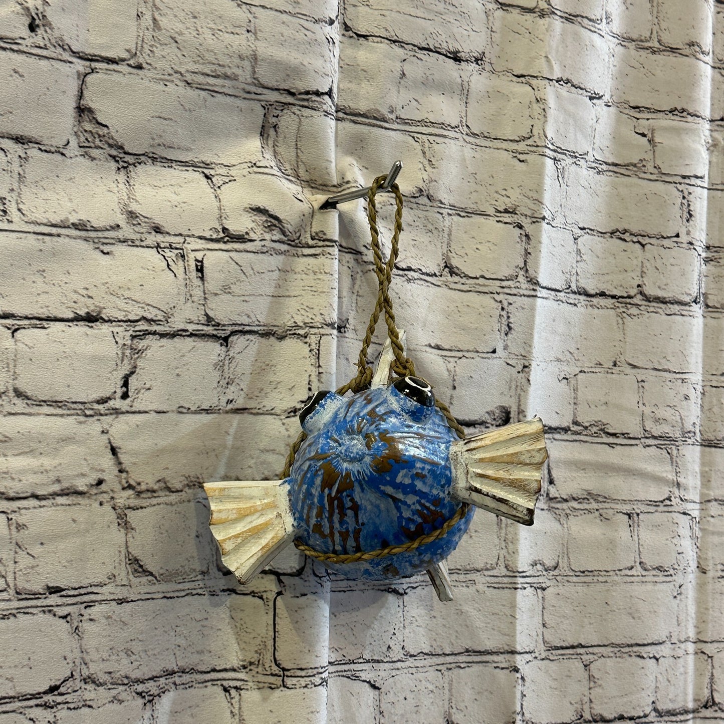 White Blue Folk Art Hand Painted Puffer Fish Coconut Shell Ornaments Hanging