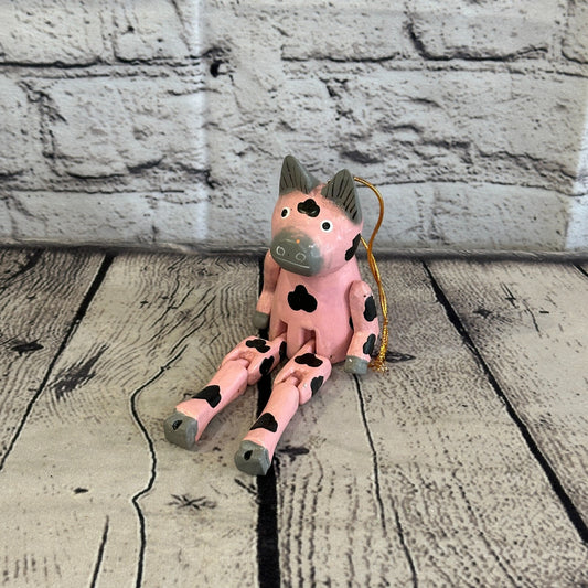 10cm Pink Pig Sitting Animal, Wooden Shelf Ornament Handmade and Fairtrade