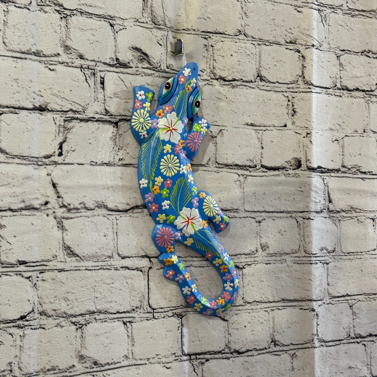 30cm Gecko Lizard Blue Flower Wood Wall Hanging Wooden Ornaments Carving