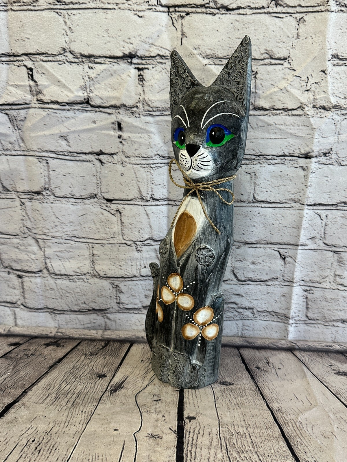 40cm Grey Swirl Flower Wooden Shabby Cat Statue Ornament Fair Trade Handcarved