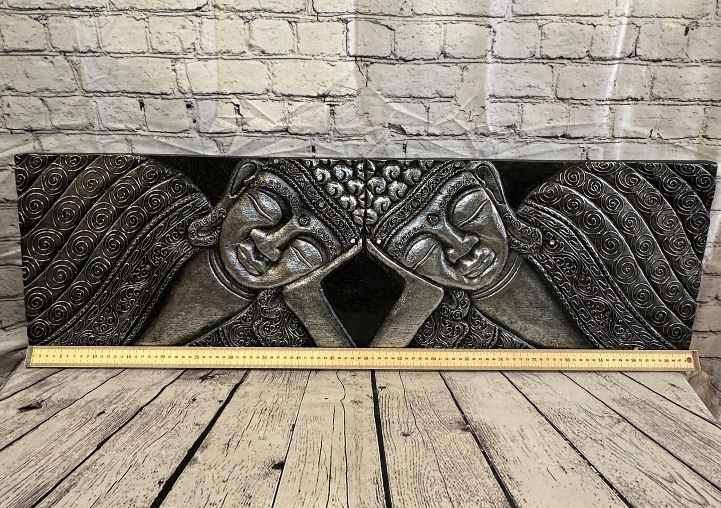 100cm x 30cm Buddha 2 Faces Silver Wooden Wood Panel Wall Art Plaque Handcarved