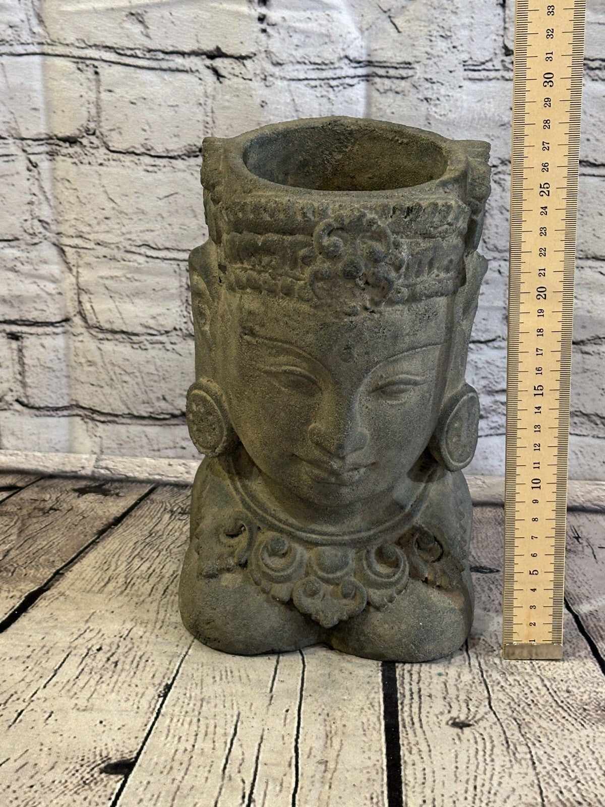 Thai Buddha Head Stone Garden Pot 25cm x 15cm Ornament Indoor Statue Hindu