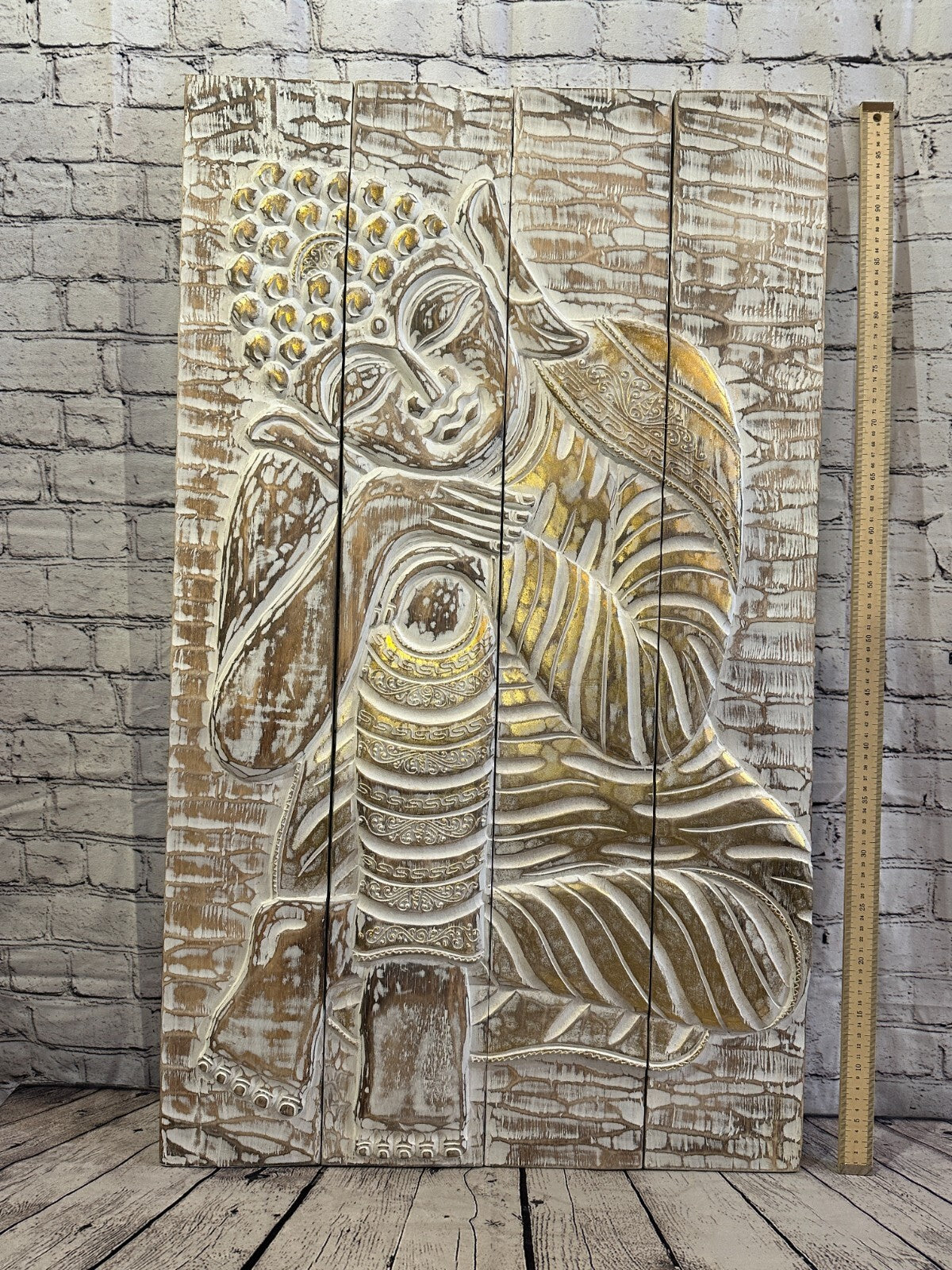100cm x 60cm Buddha Brown Gold Wooden Wood Panel Wall Art Plaque Handcarved