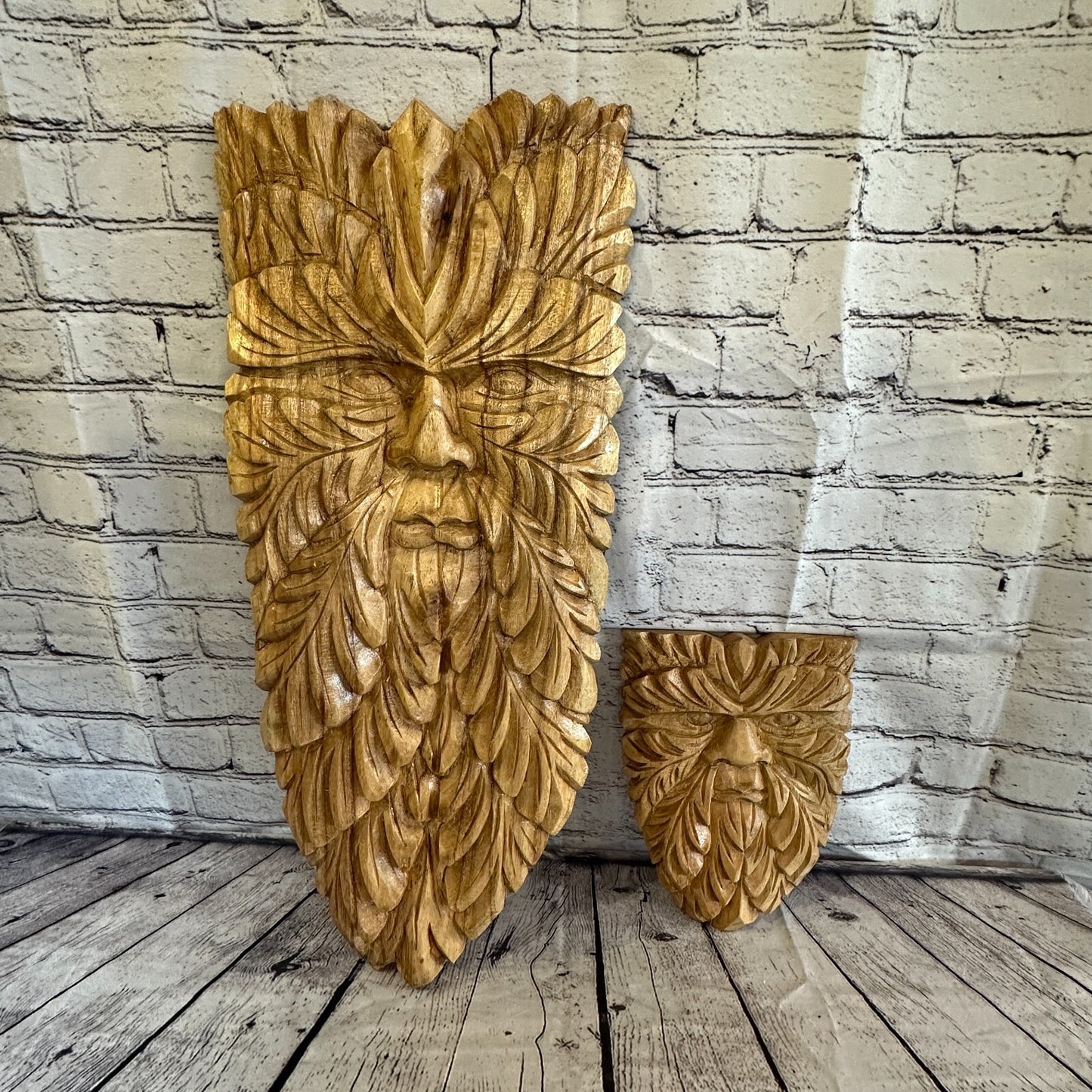 Flat Green Man Of The Woods 25cm Hand Carved Wizard Tree Trunk Wood Fairtrade
