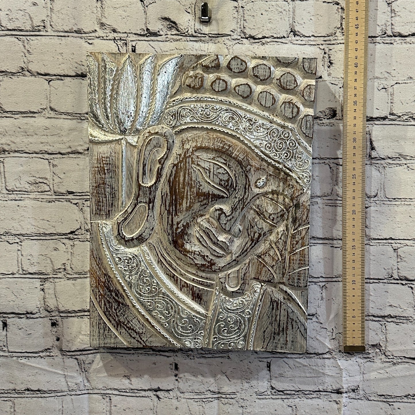 Wooden Wood Panel 40cm Brown White Buddha Tall Lotus Wall Art Plaque Handcarved