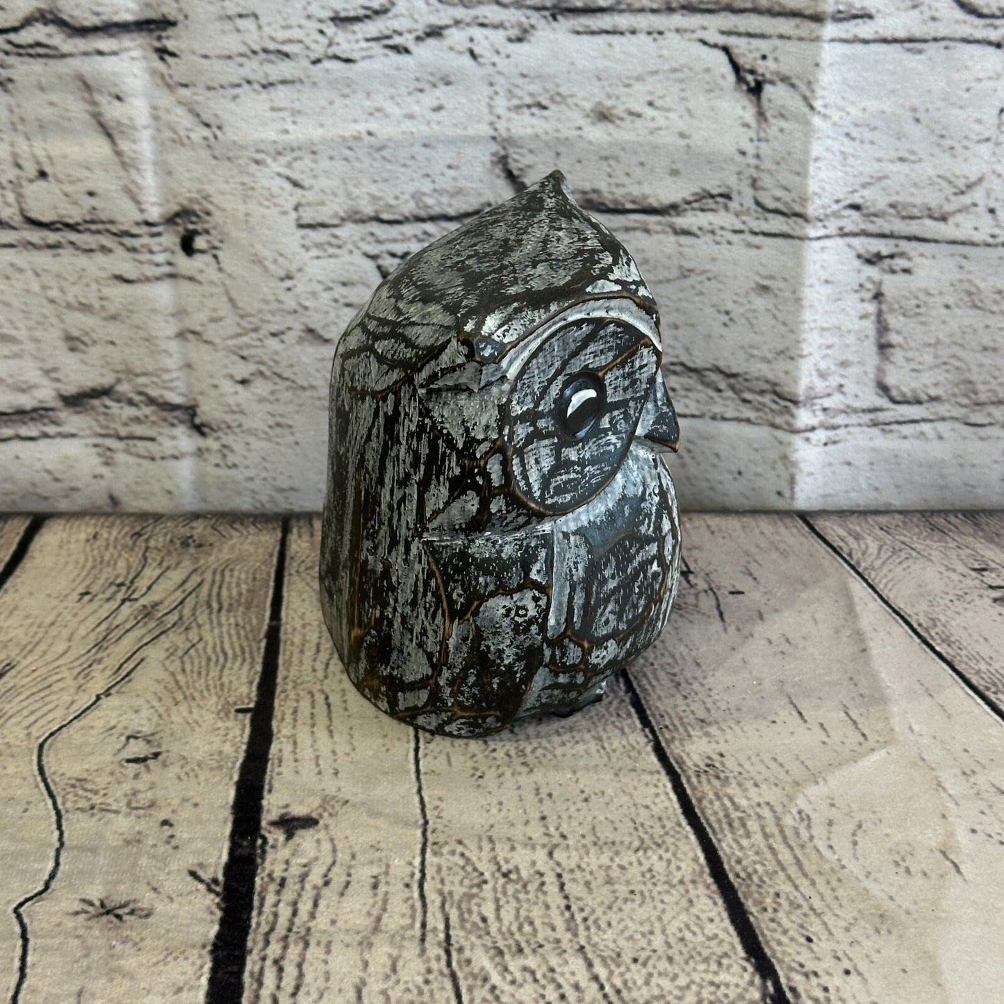 12cm x 10cm Black Flower Wooden Shabby Owl Statue Ornament Fair Trade Handcarved
