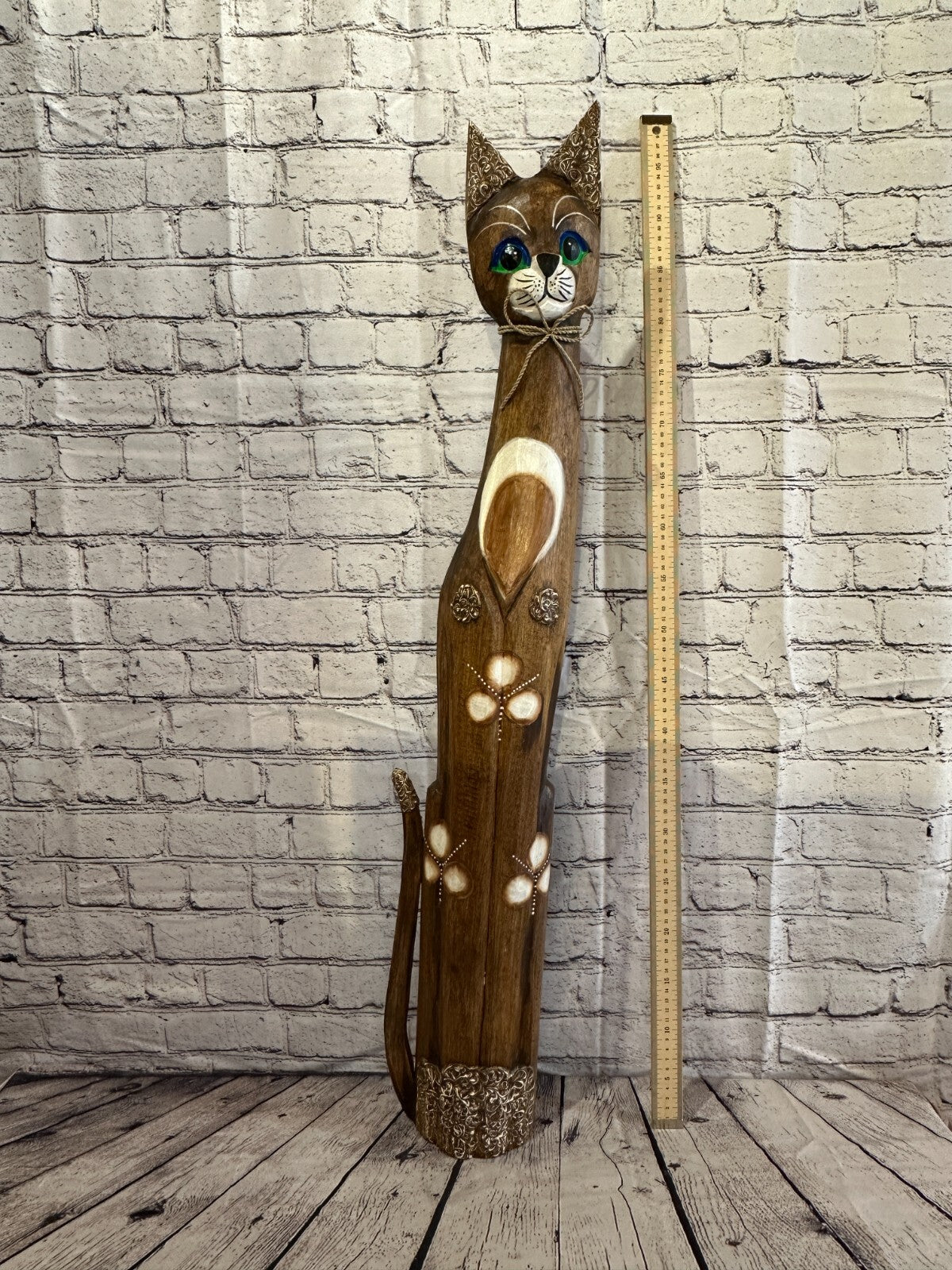 100cm Brown Swirl Flower Wooden Shabby Cat Statue Ornament Fair Trade Handcarved