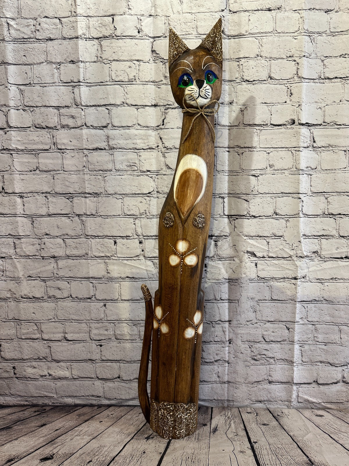 100cm Brown Swirl Flower Wooden Shabby Cat Statue Ornament Fair Trade Handcarved