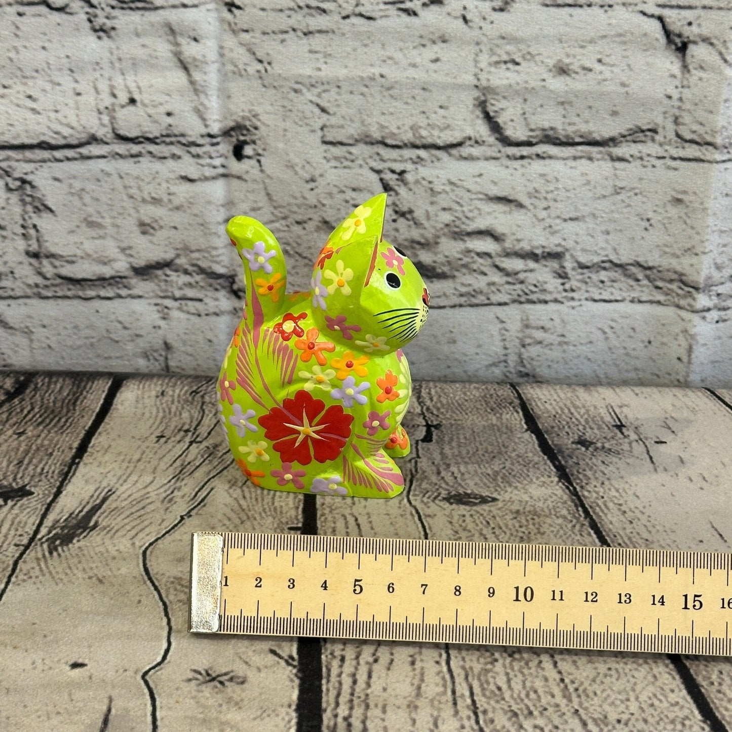 Green Small Wooden Cat With Flower Pattern 12cm x 6cm Handmade and Fairtrade