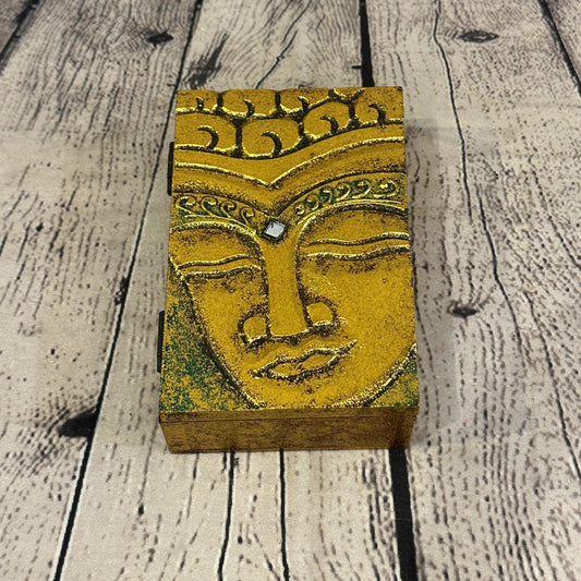 Bright Gold Thai Plain Buddha Head 10cm x 15cm x 4cm Wooden Box Trinket Handmade