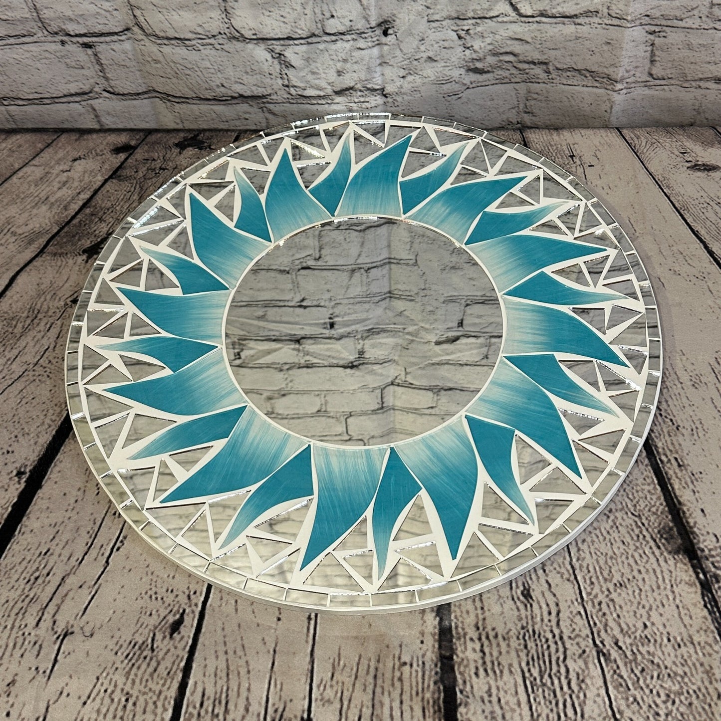 Turquoise Blue Flame Sun Mosaic Tile Wall Mirror 40cm x 40cm 16 Inches Handmade