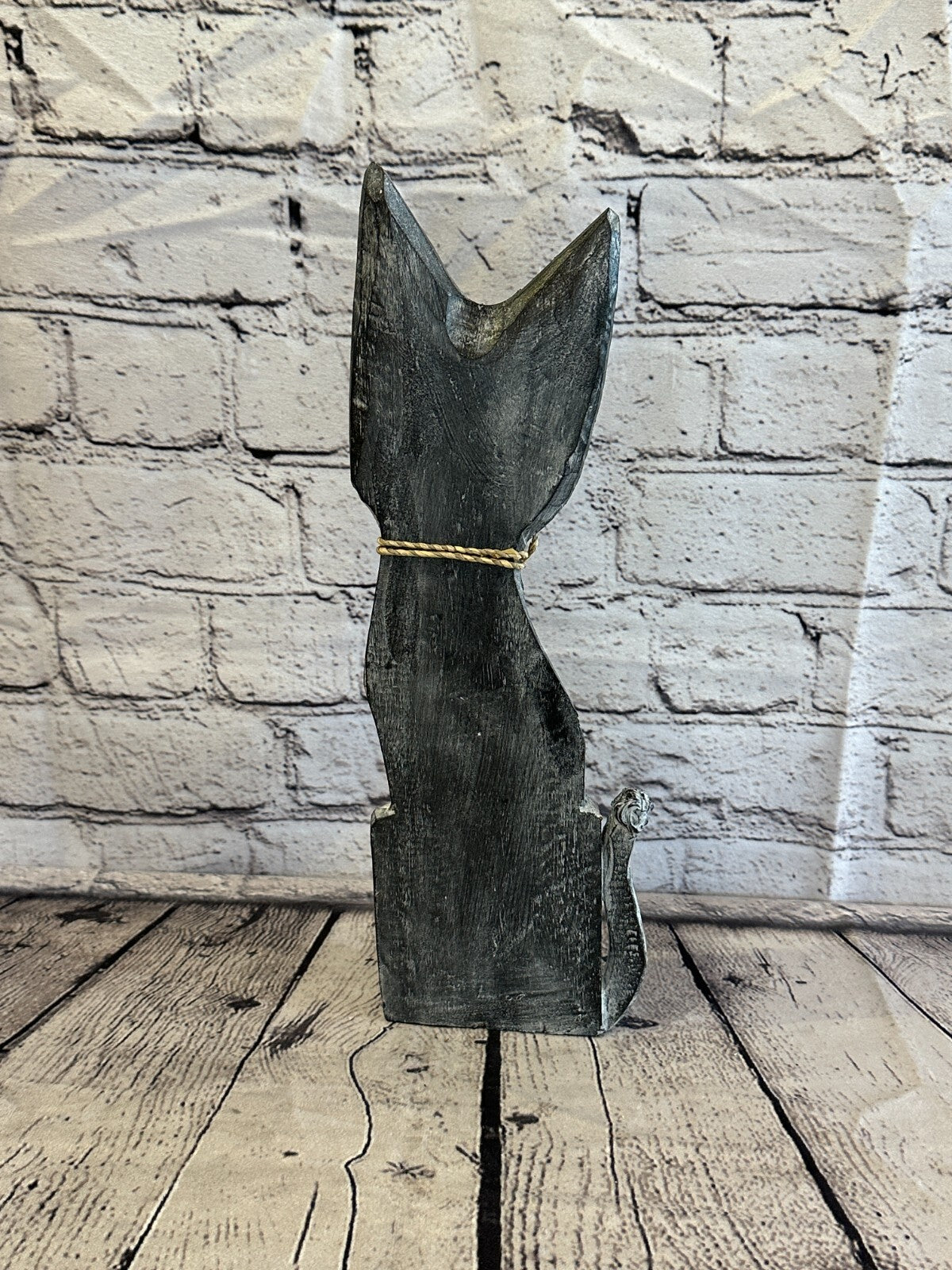 30cm Grey Swirl Flower Wooden Shabby Cat Statue Ornament Fair Trade Handcarved