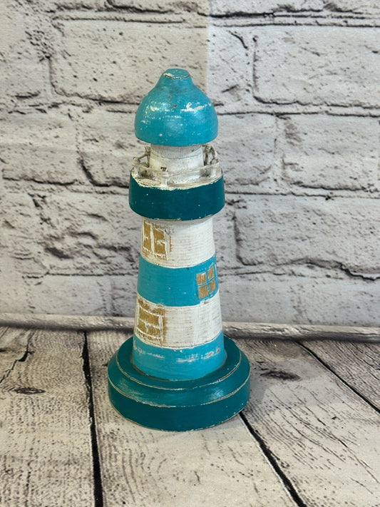 20cm Green White Wooden Lighthouse Ornament Nautical Coastal Sculpture Statue