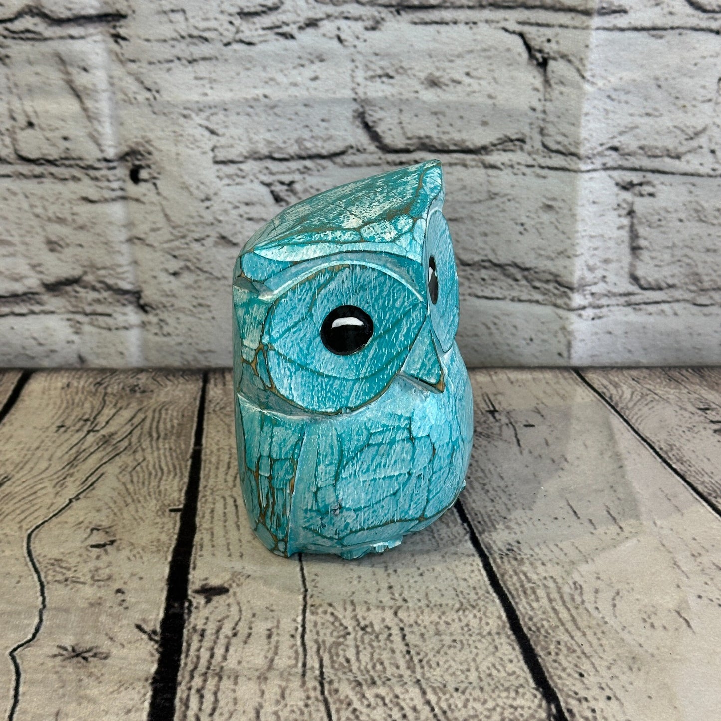 12cm x 10cm Green Flower Wooden Shabby Owl Statue Ornament Fair Trade Handcarved