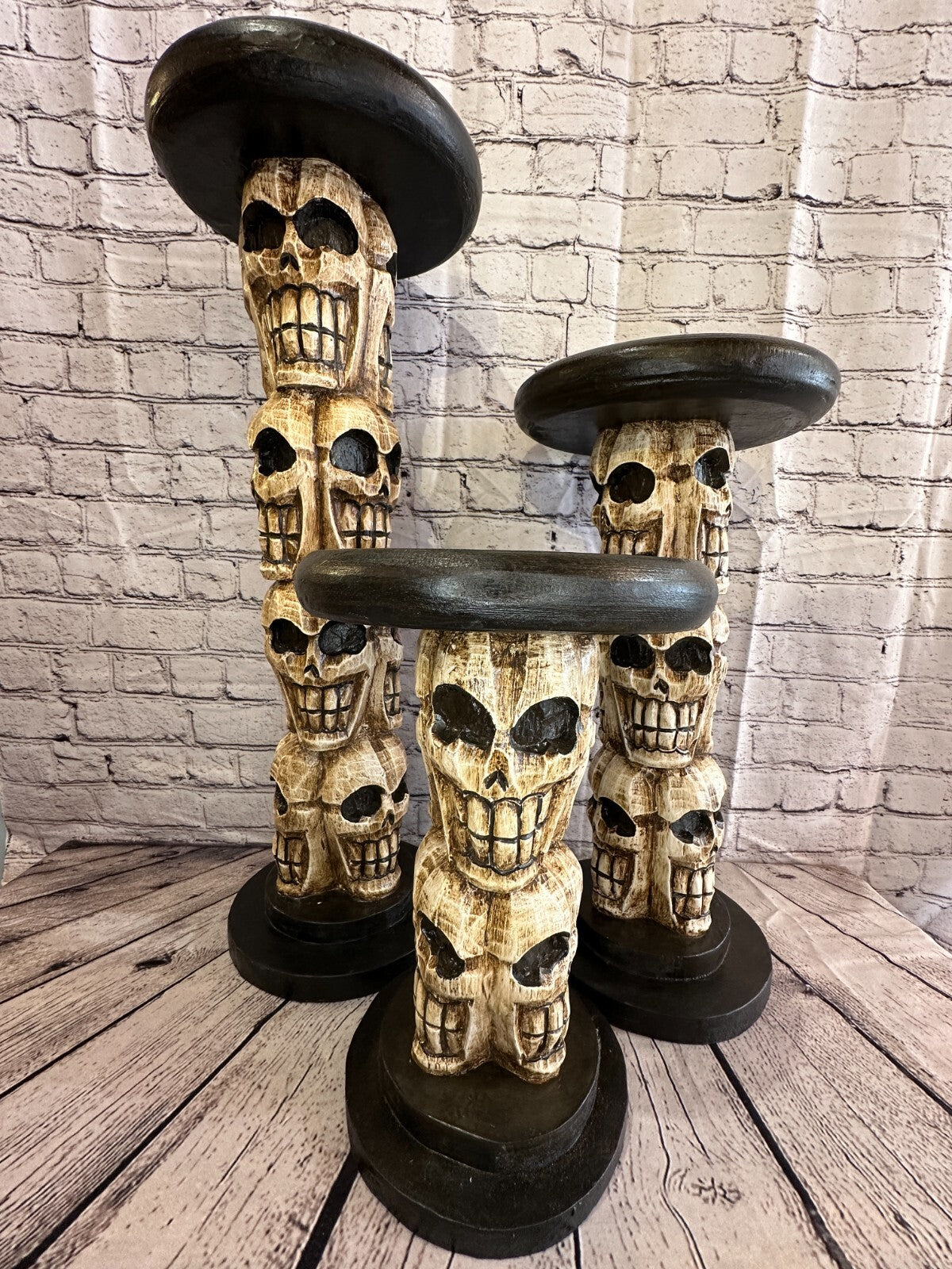 75cm Skull Tower Wood Side Table Bone Skull Flower Stand Solid Wood Gothic New