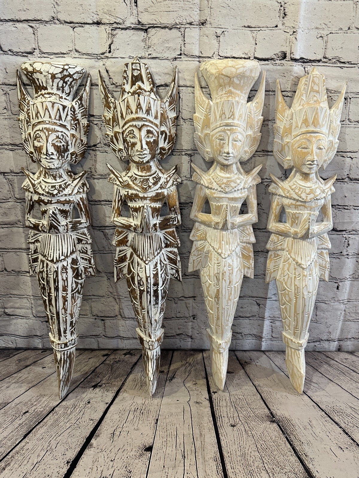 Shabby White Sita Dewi Bali Rice Goddess Wings Mermaid Wood Carving 65cm Pair