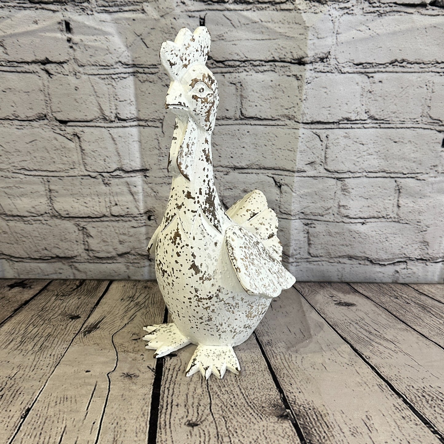 30cm x 15cm White Shabby Wooden Rooster Cockerel Retro Collectable Hand Carved
