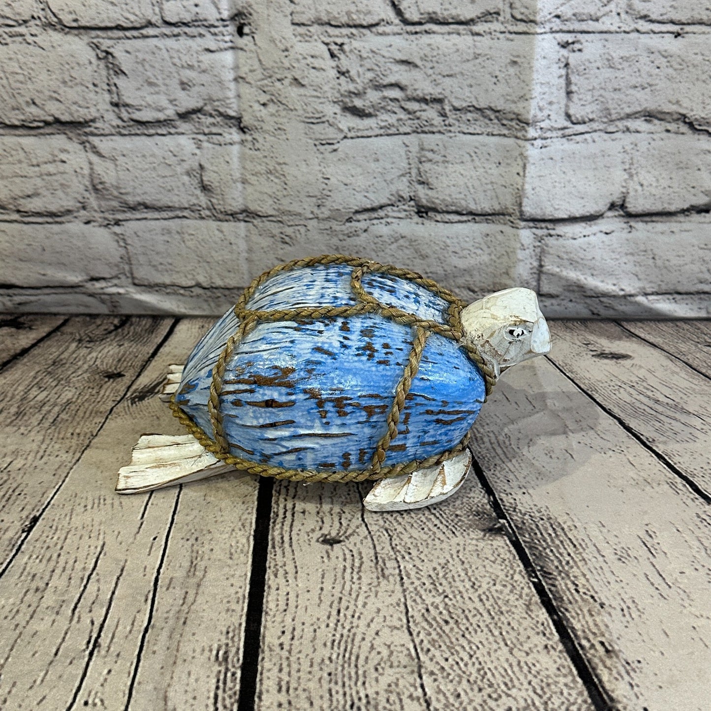 White Blue Folk Art Hand Painted Turtle Coconut Shell Ornaments Hanging Decor