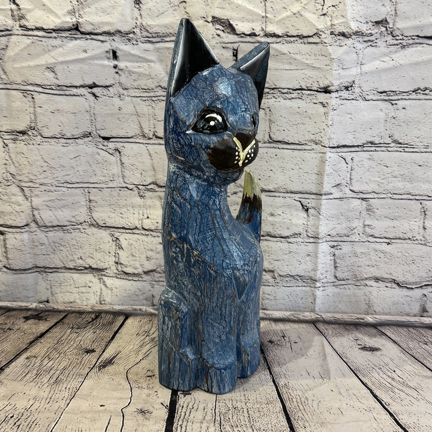 35cm x 15cm Blue Flower Wooden Shabby Cat Statue Ornament Fair Trade Handcarved