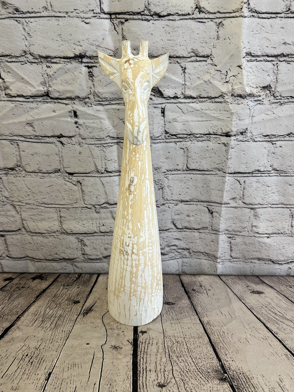 White Wooden Giraffe Head With Shabby Pattern 40cm x 10cm Handmade and Fairtrade