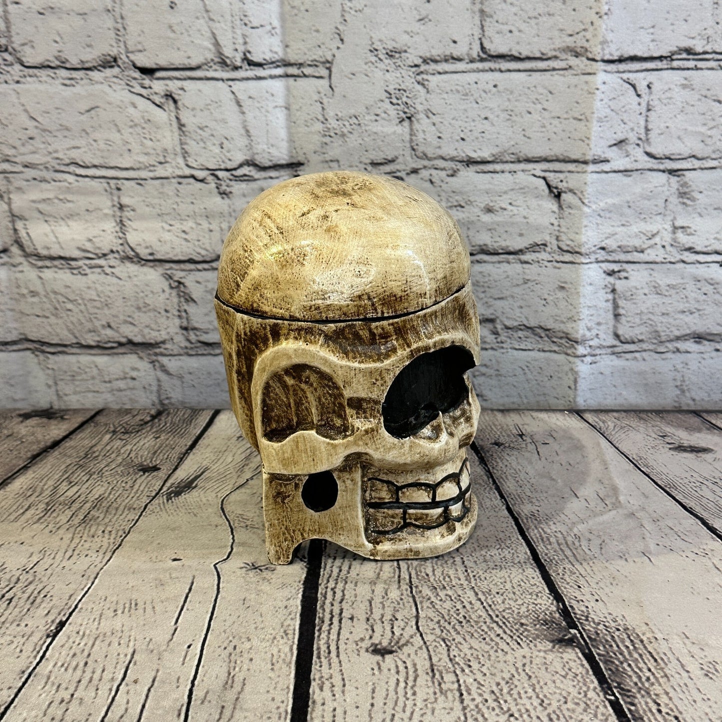 18cm x 12cm Shallow Wooden Gothic Skeleton Skull  Head Coffin Jewellery Box